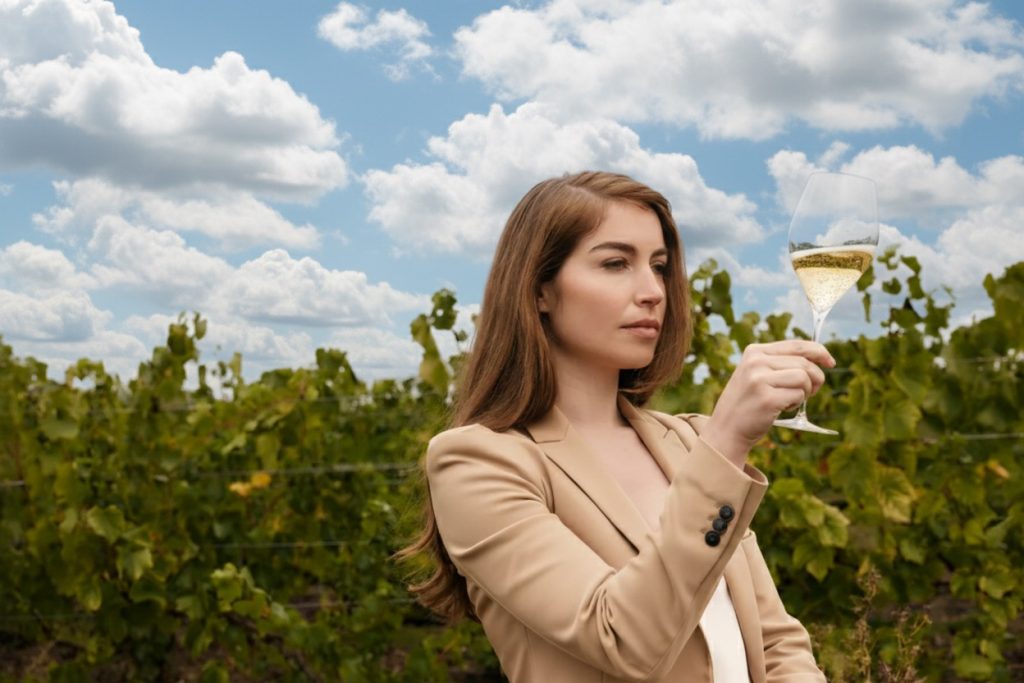 Femme avec un verre de vin. Ruinart