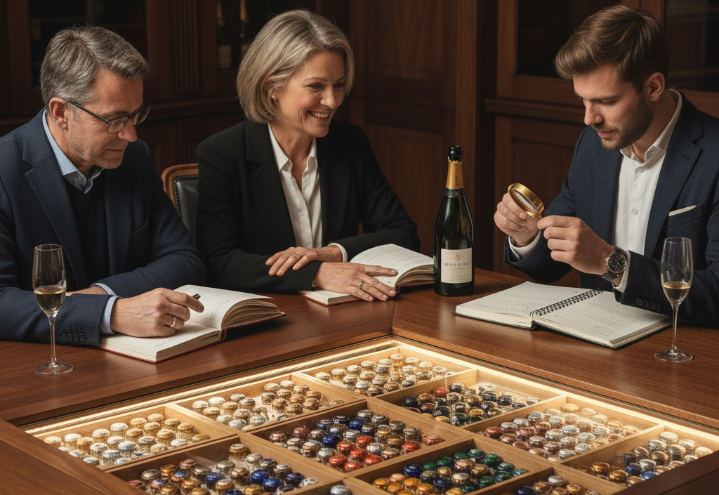 Collection de capsules de champagne.
